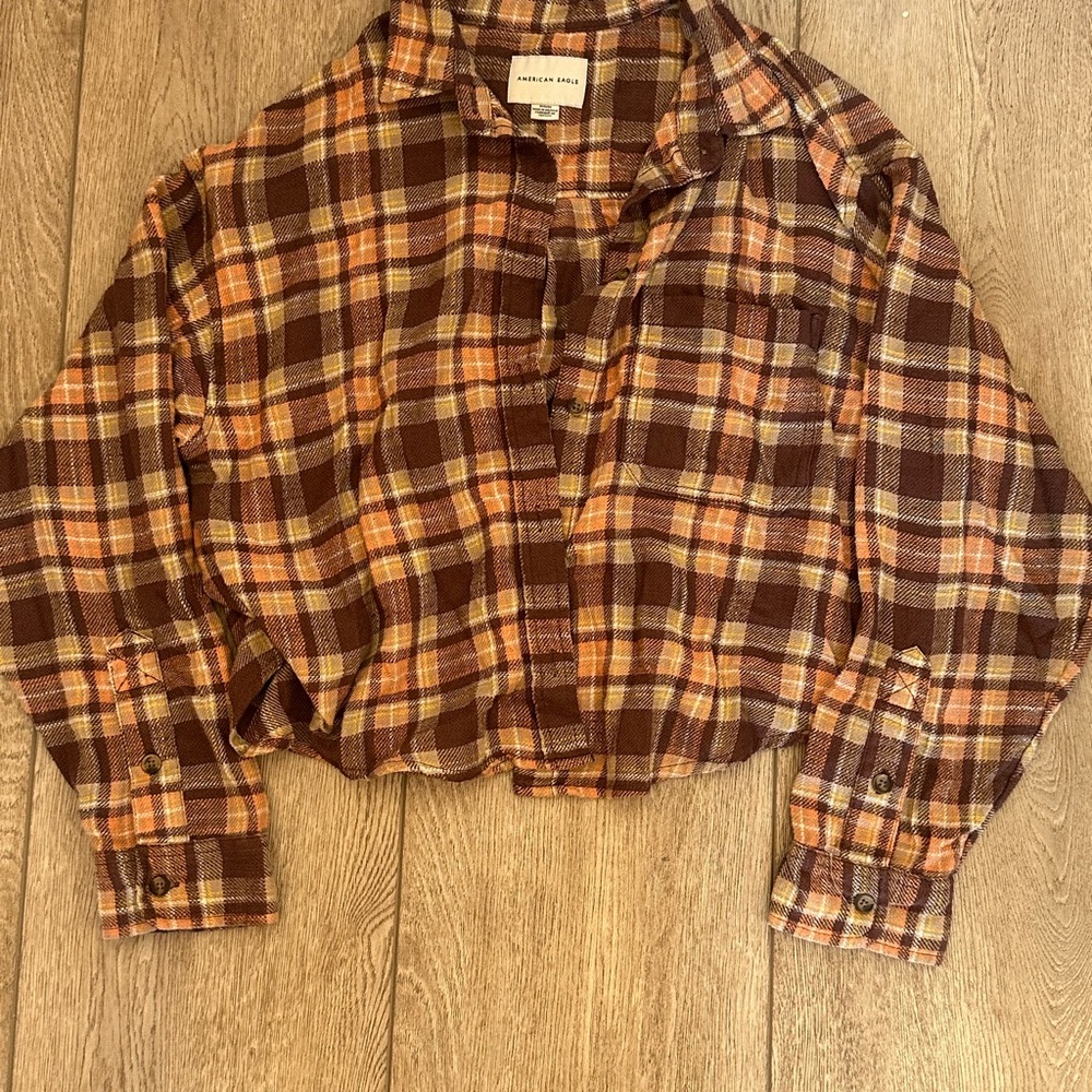 American Eagle Brown & Mustard Plaid Flannel Shirt